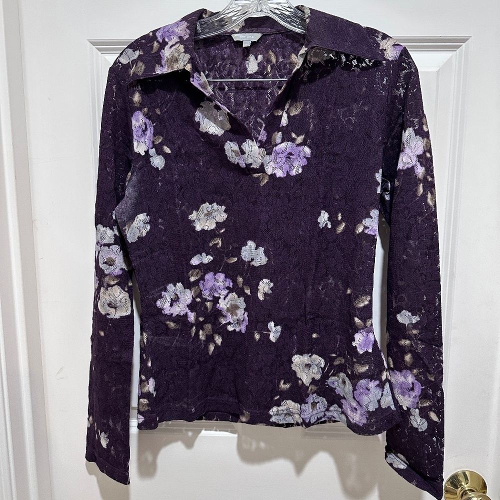 Womens Per Una 16 Purple Ivory Floral Long Sleeve Mesh Lace Stretch Blouse Shirt